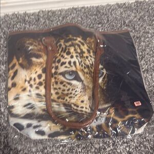 Leopard Print Tote Bag with Brown Straps